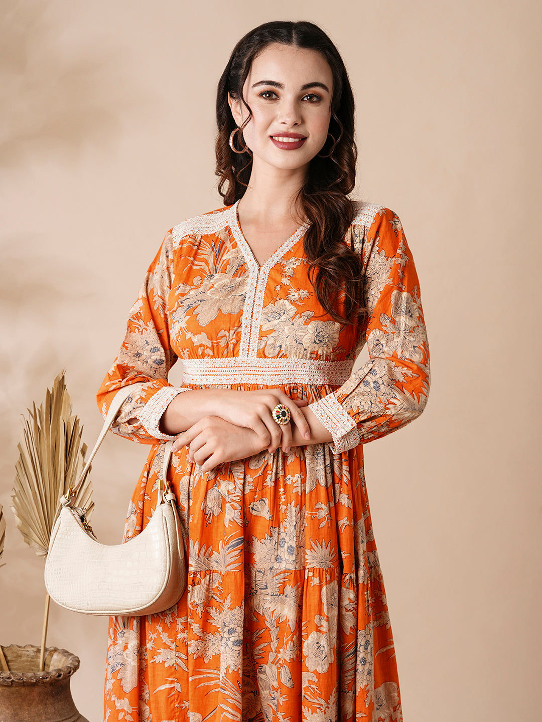 Floral Style Printed Resham & Crochet Lace Embellished Dress - Orange & Multi