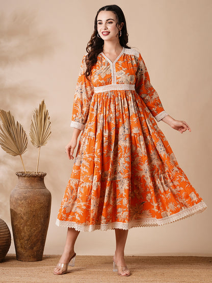 Floral Style Printed Resham & Crochet Lace Embellished Dress - Orange & Multi