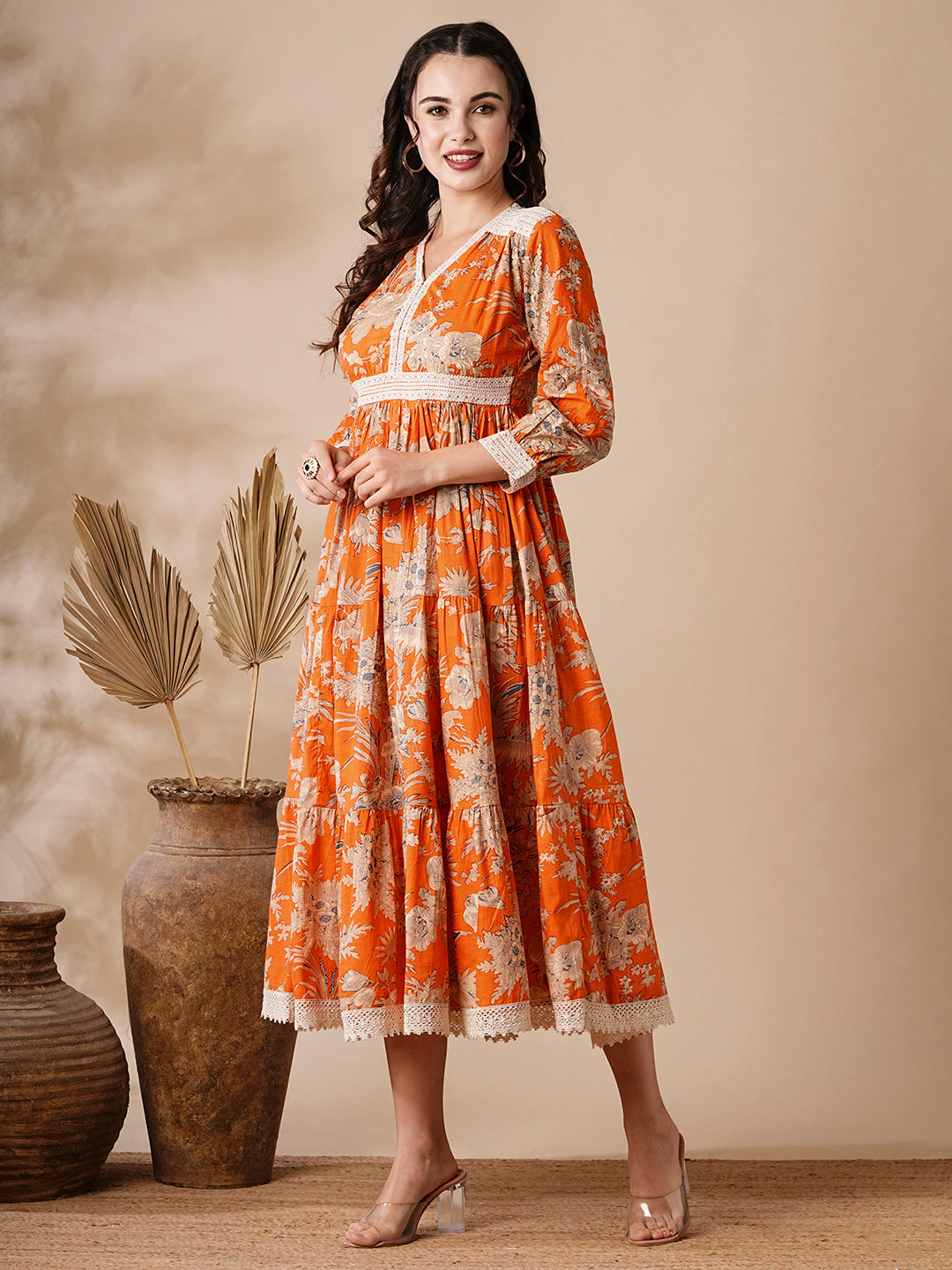 Floral Style Printed Resham & Crochet Lace Embellished Dress - Orange & Multi