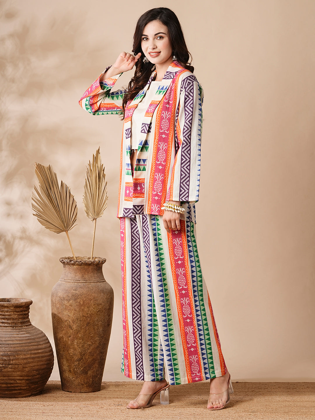 Ethnic Stripes Woven Handloom Jacket and Culottes with Inner - Multi