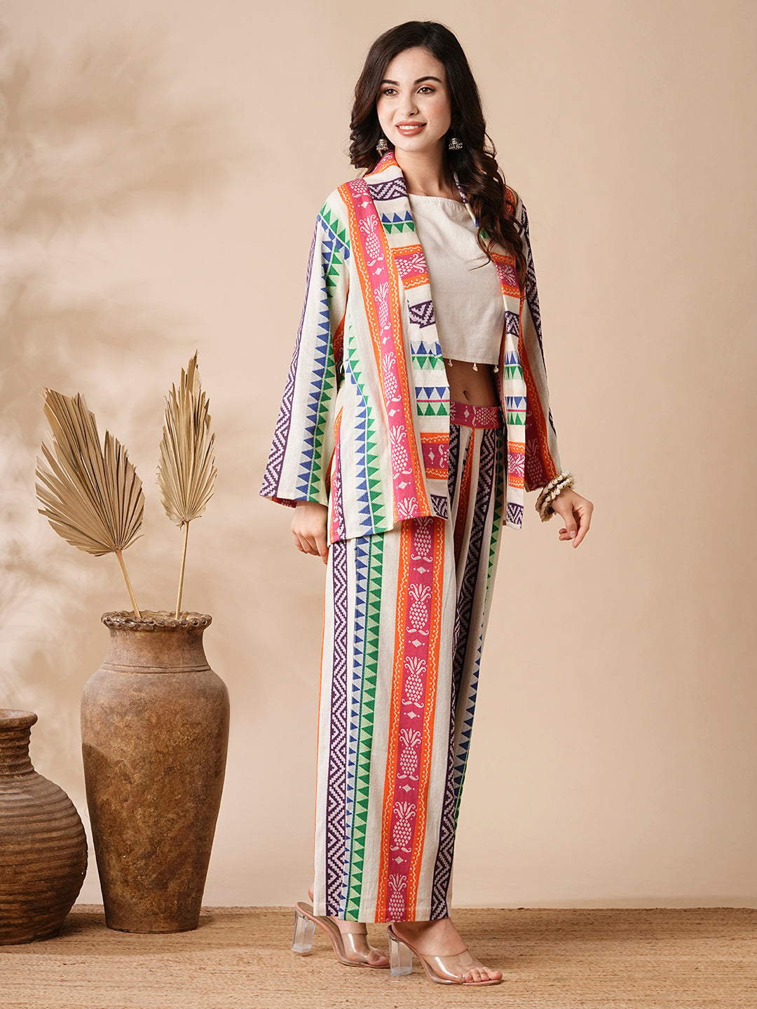 Ethnic Stripes Woven Handloom Jacket and Culottes with Inner - Multi