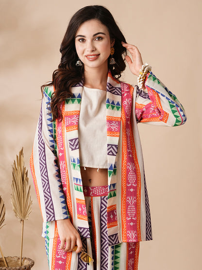 Ethnic Stripes Woven Handloom Jacket and Culottes with Inner - Multi