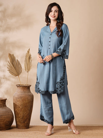 Solid Resham Cutwork Embroidered Kurta with Palazzo - Blue