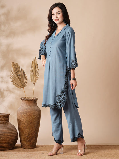 Solid Resham Cutwork Embroidered Kurta with Palazzo - Blue