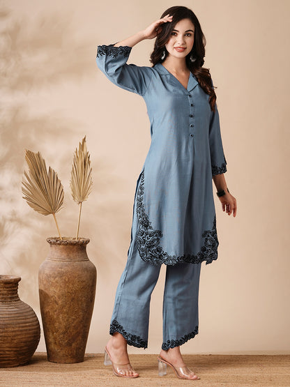 Solid Resham Cutwork Embroidered Kurta with Palazzo - Blue