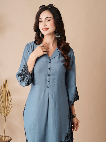 Solid Resham Cutwork Embroidered Kurta with Palazzo - Blue