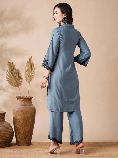 Solid Resham Cutwork Embroidered Kurta with Palazzo - Blue