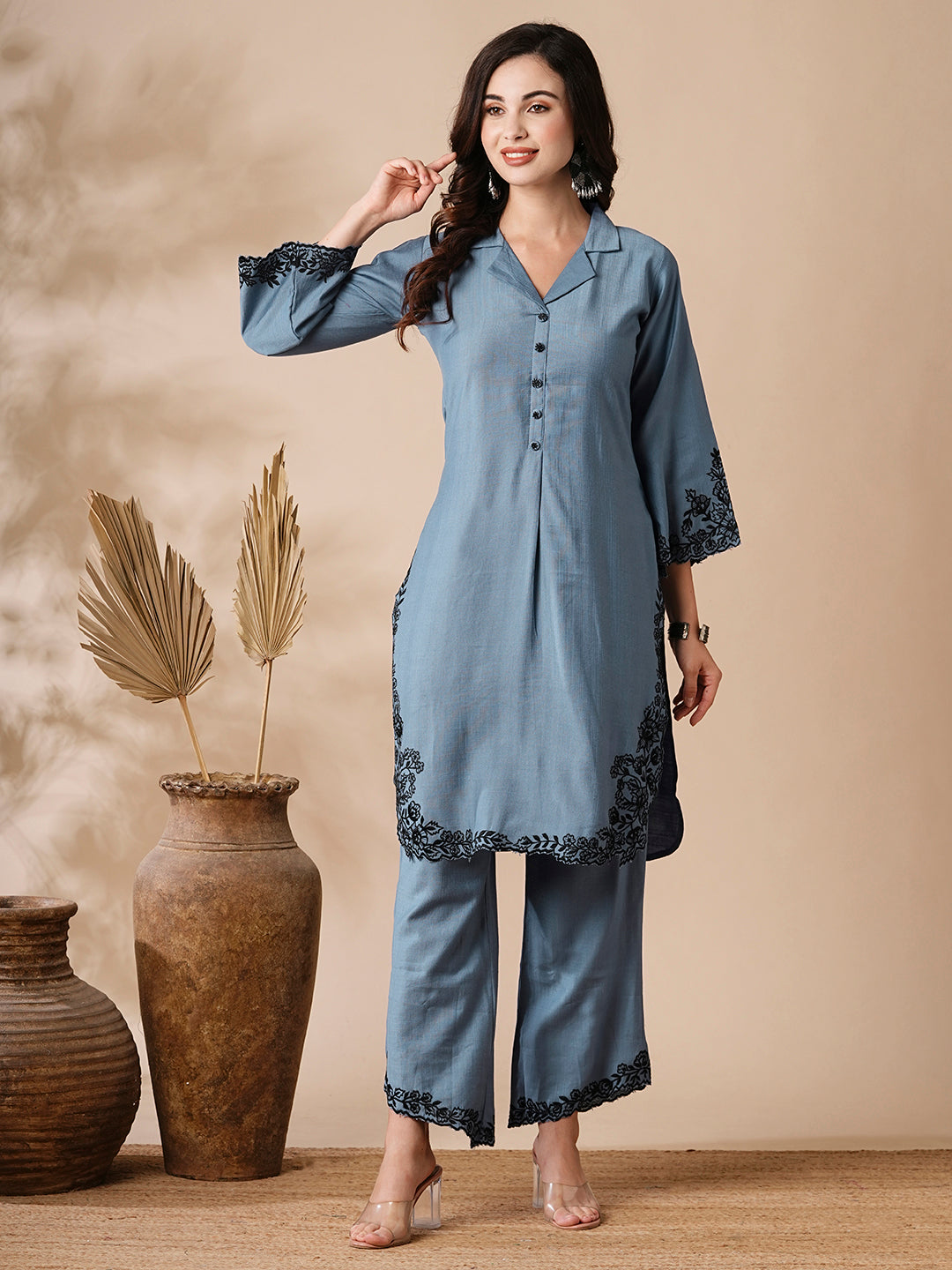 Solid Resham Cutwork Embroidered Kurta with Palazzo - Blue