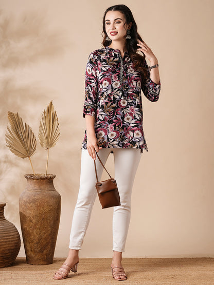 Floral Printed Mirror & Resham Embroidered A-line Short Kurti - Multi