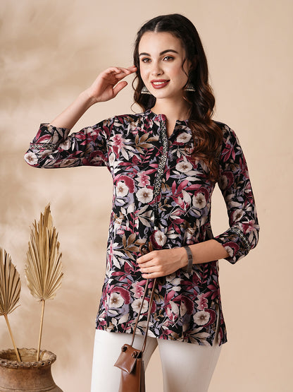 Floral Printed Mirror & Resham Embroidered A-line Short Kurti - Multi