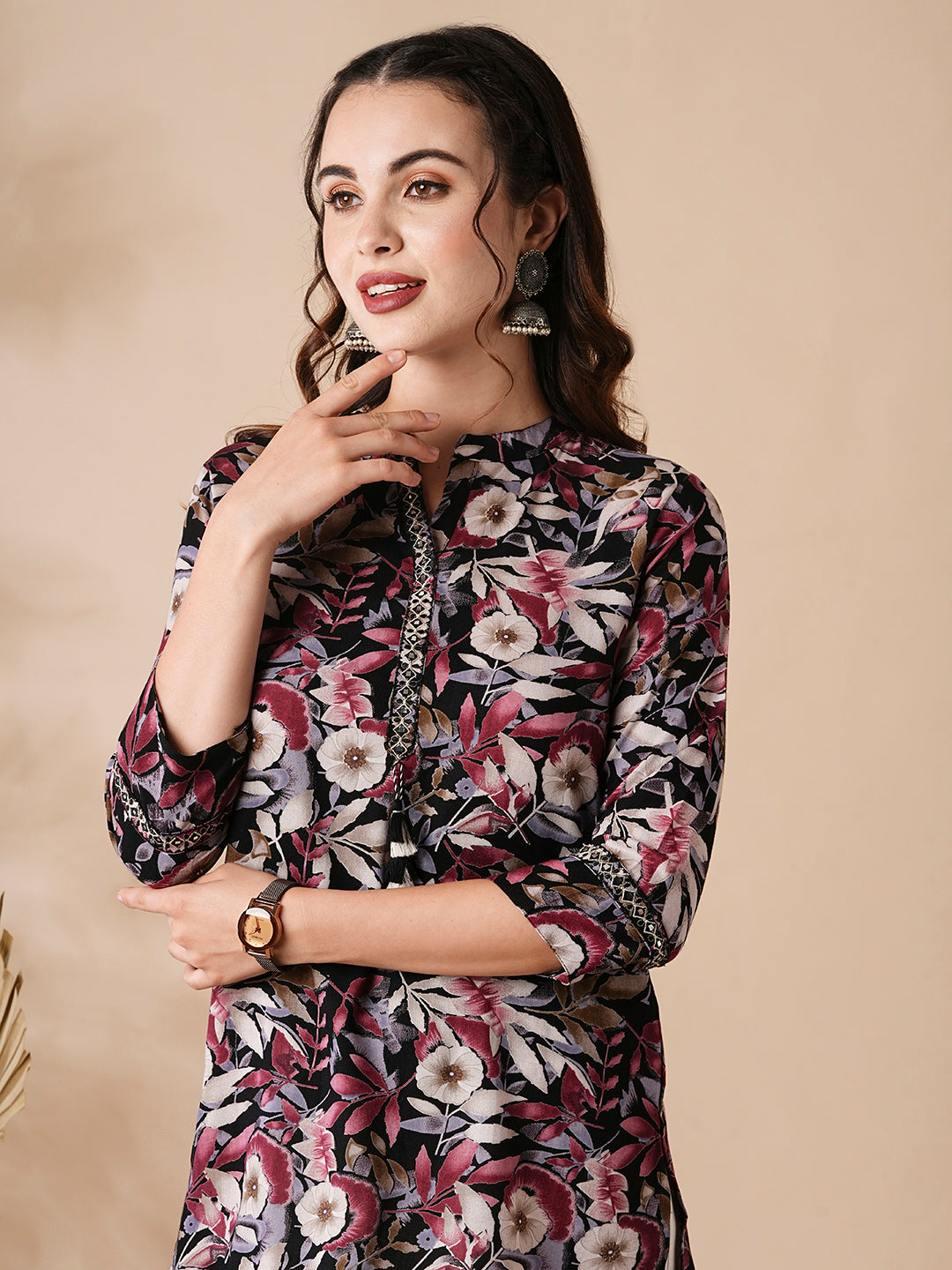 Floral Printed Mirror & Resham Embroidered A-line Short Kurti - Multi