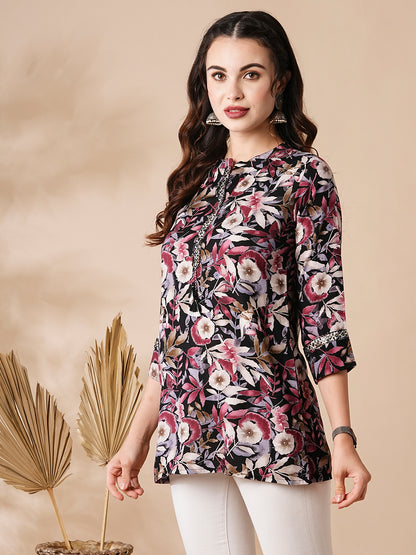 Floral Printed Mirror & Resham Embroidered A-line Short Kurti - Multi