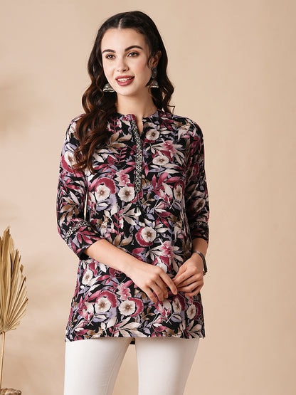 Floral Printed Mirror & Resham Embroidered A-line Short Kurti - Multi