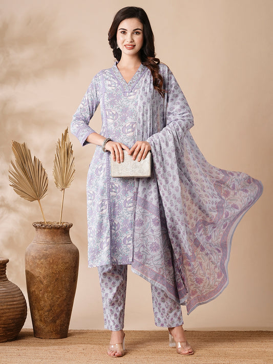 Floral Printed Mirror & Zari Embroidered Kurta with Pants & Dupatta - Purple