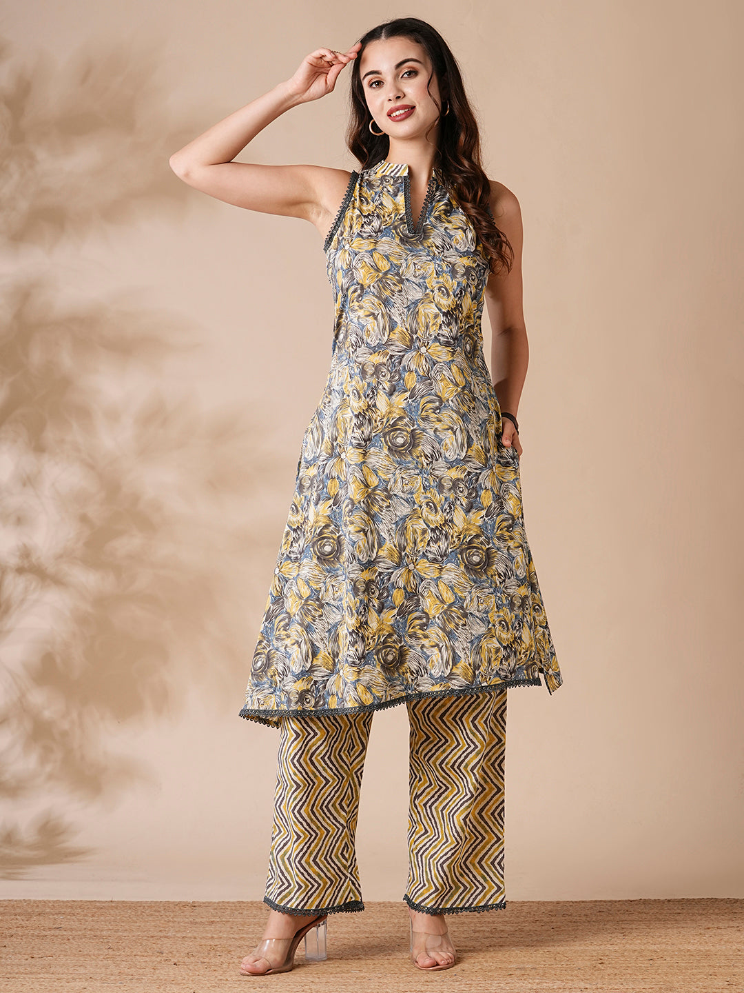 Abstract Floral & Chevron Printed A-Line Kurta with Palazzo - Grey