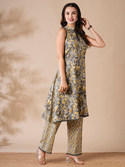 Abstract Floral & Chevron Printed A-Line Kurta with Palazzo - Grey