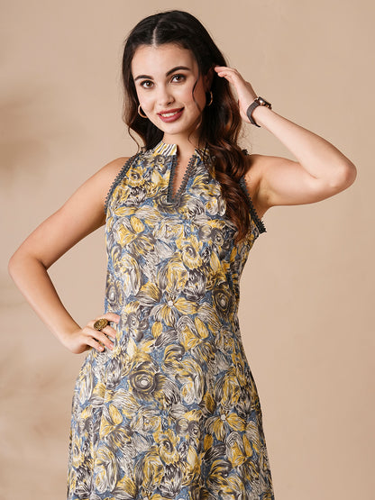 Abstract Floral & Chevron Printed A-Line Kurta with Palazzo - Grey