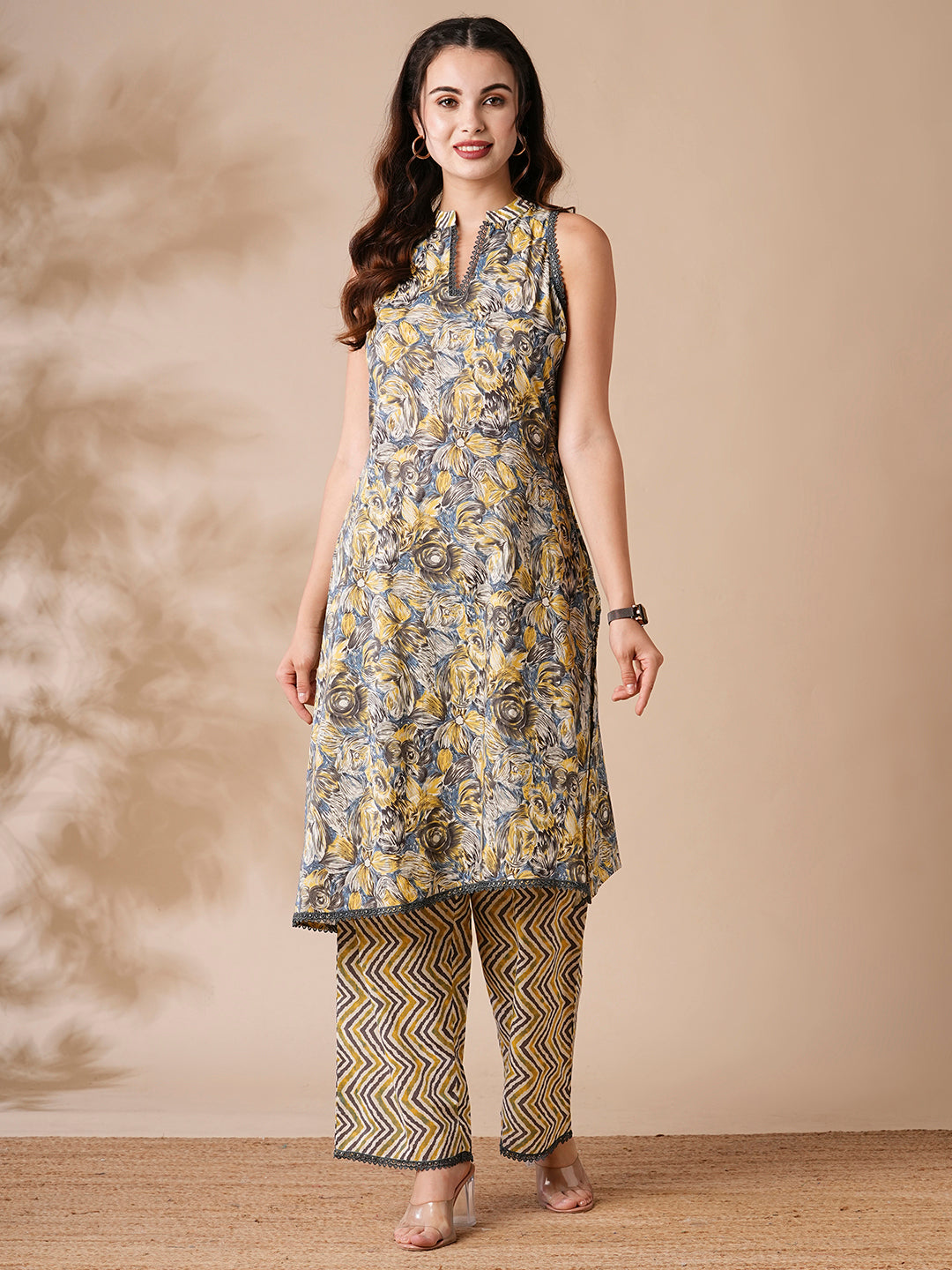 Abstract Floral & Chevron Printed A-Line Kurta with Palazzo - Grey