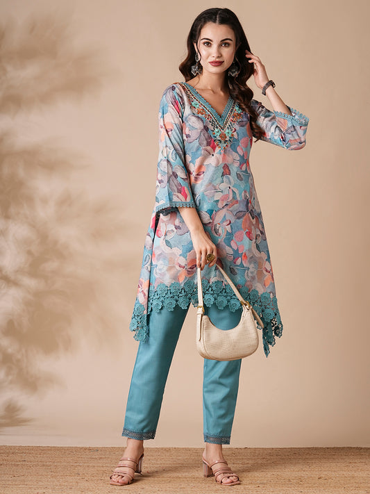 Floral Printed Mirror & Resham Embroidered Kurta with Pants - Blue