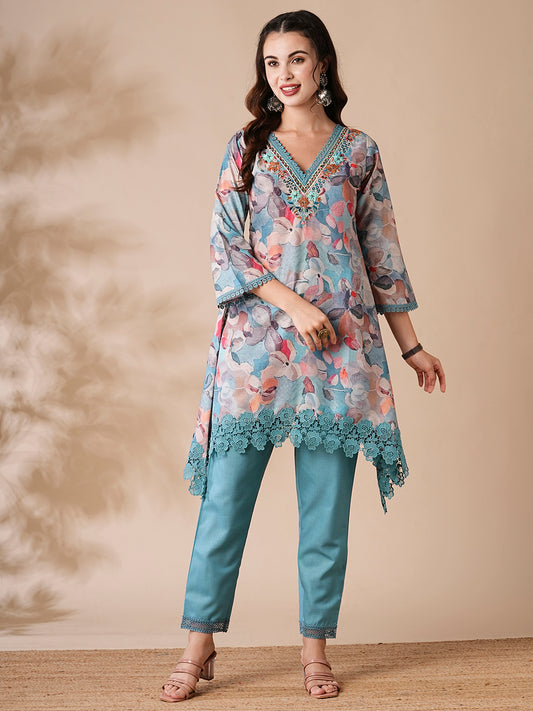 Floral Printed Mirror & Resham Embroidered Kurta with Pants - Blue