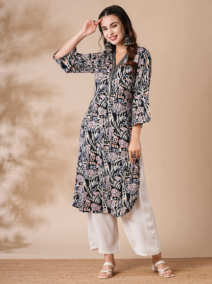 Abstract Floral Printed Sequin Highlighted Straight Kurta with Palazzo - Multi