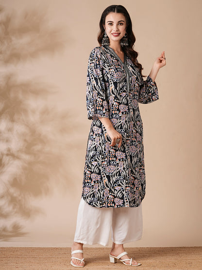 Abstract Floral Printed Sequin Highlighted Straight Kurta with Palazzo - Multi