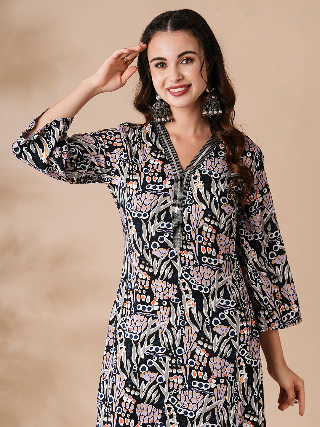 Abstract Floral Printed Sequin Highlighted Straight Kurta with Palazzo - Multi