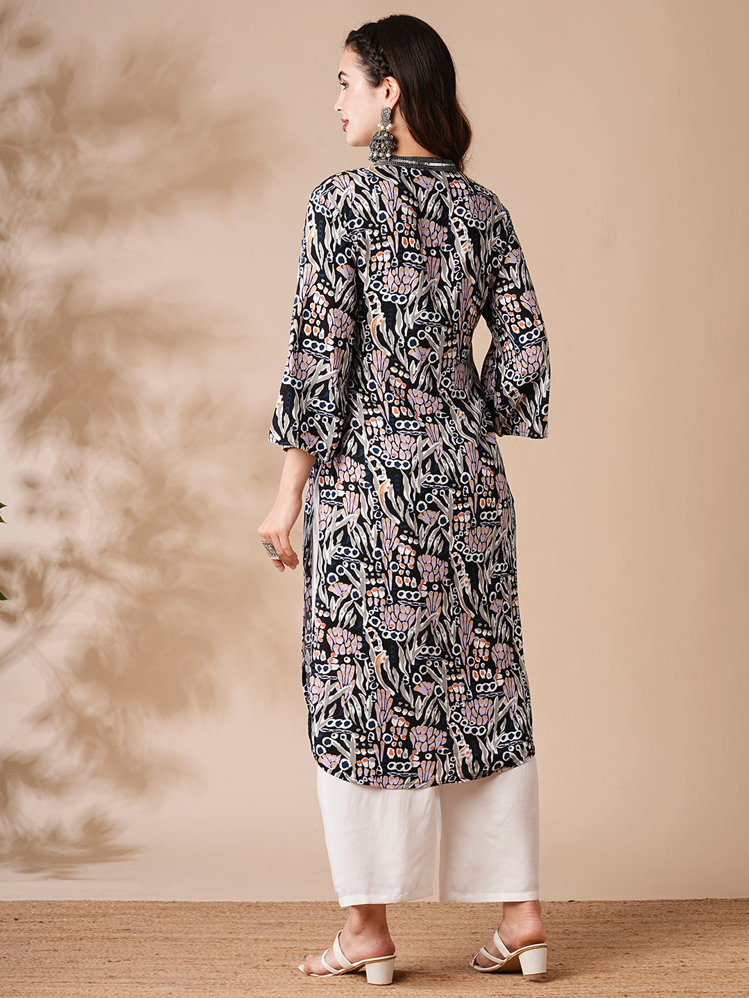 Abstract Floral Printed Sequin Highlighted Straight Kurta with Palazzo - Multi