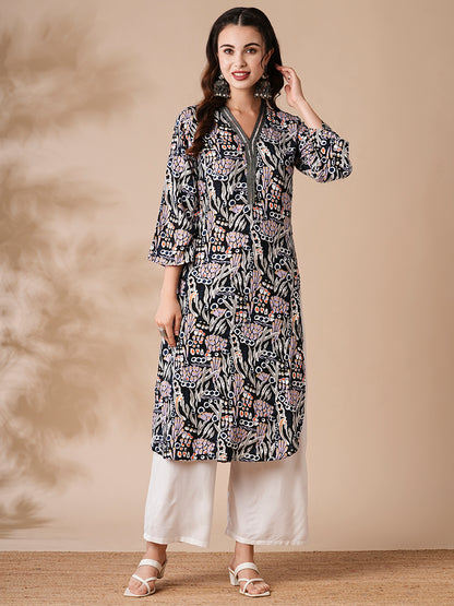 Abstract Floral Printed Sequin Highlighted Straight Kurta with Palazzo - Multi