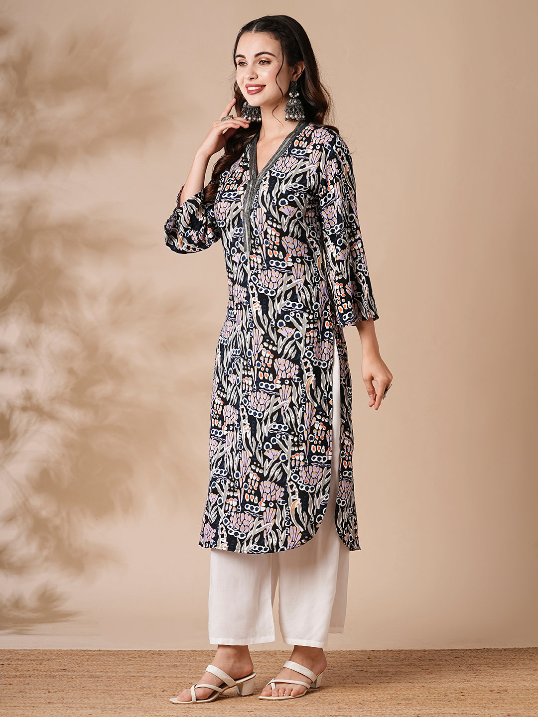 Abstract Floral Printed Sequin Highlighted Straight Kurta with Palazzo - Multi