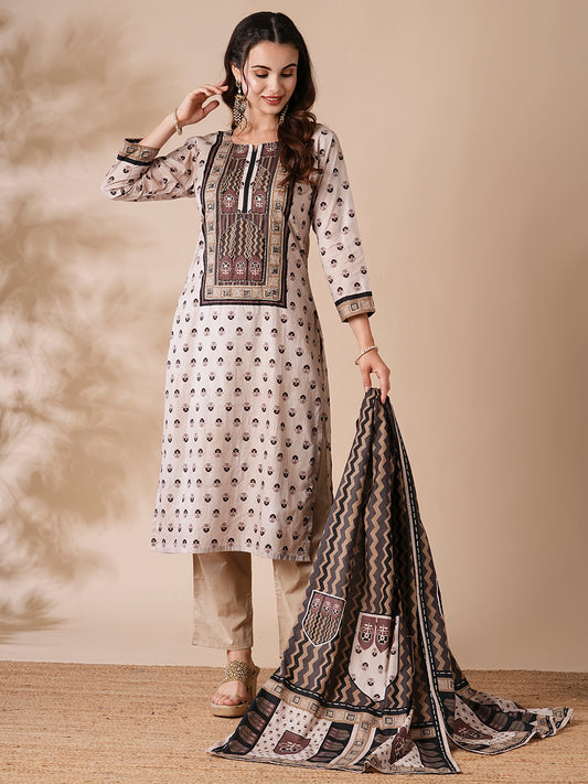 Ethnic Printed Mirror Embroidered Kurta with Pants & Chevron Dupatta - Cream