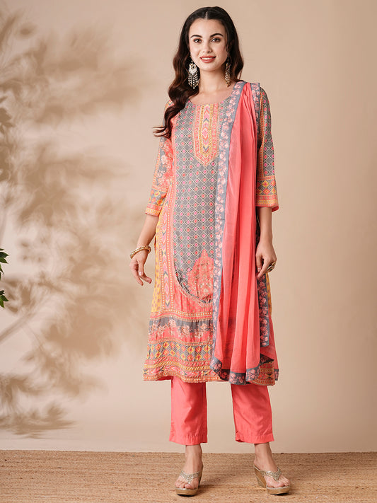 Floral Ethnic Printed & Embroidered Straight Kurta with Pant & Dupatta - Peach