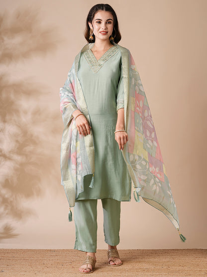 Solid Embroidered Straight Kurta with Pant & Printed Woven Dupatta - Mint Green