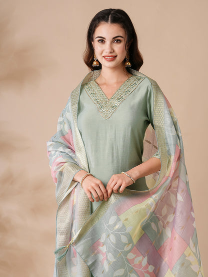 Solid Embroidered Straight Kurta with Pant & Printed Woven Dupatta - Mint Green