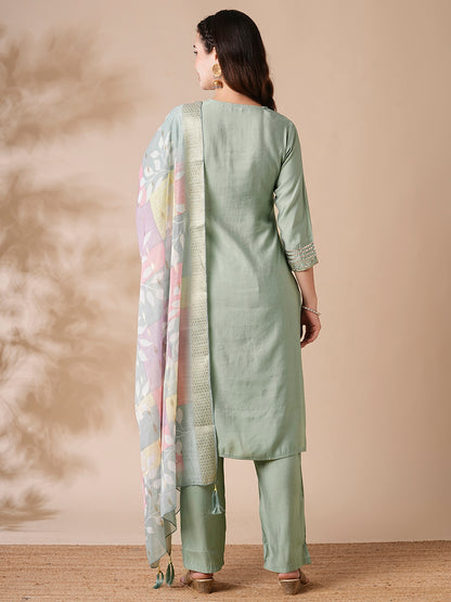 Solid Embroidered Straight Kurta with Pant & Printed Woven Dupatta - Mint Green