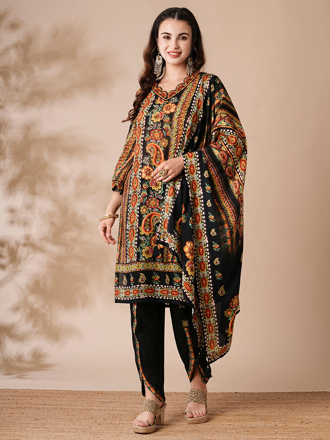 Abstract Printed Mirror Embroidered Kurta with Tulip Pants & Dupatta - Multi