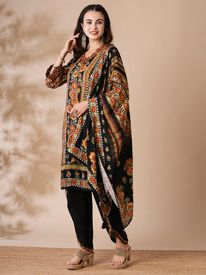 Abstract Printed Mirror Embroidered Kurta with Tulip Pants & Dupatta - Multi