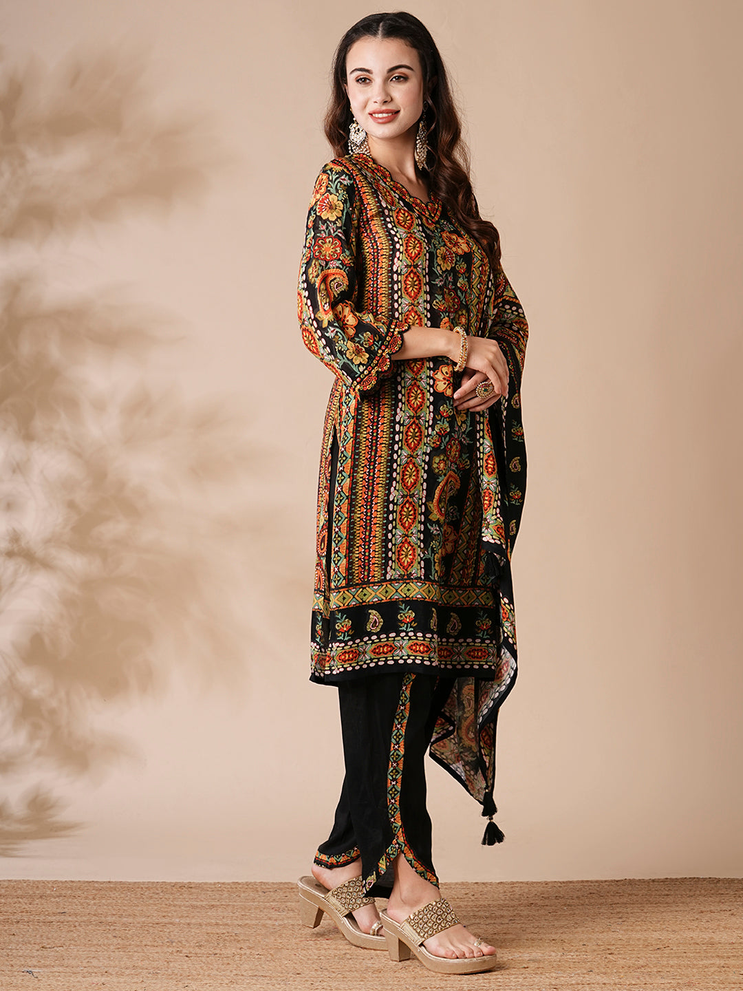 Abstract Printed Mirror Embroidered Kurta with Tulip Pants & Dupatta - Multi