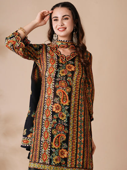 Abstract Printed Mirror Embroidered Kurta with Tulip Pants & Dupatta - Multi