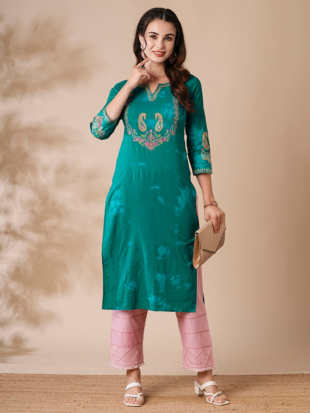 Shibori Printed Resham & Sequins Embroidered Kurta - Green