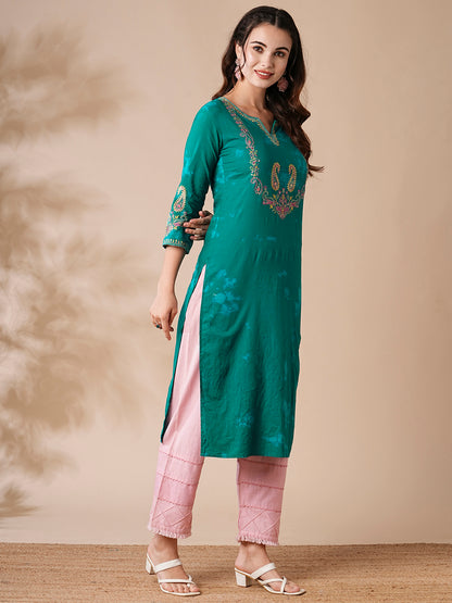 Shibori Printed Resham & Sequins Embroidered Kurta - Green