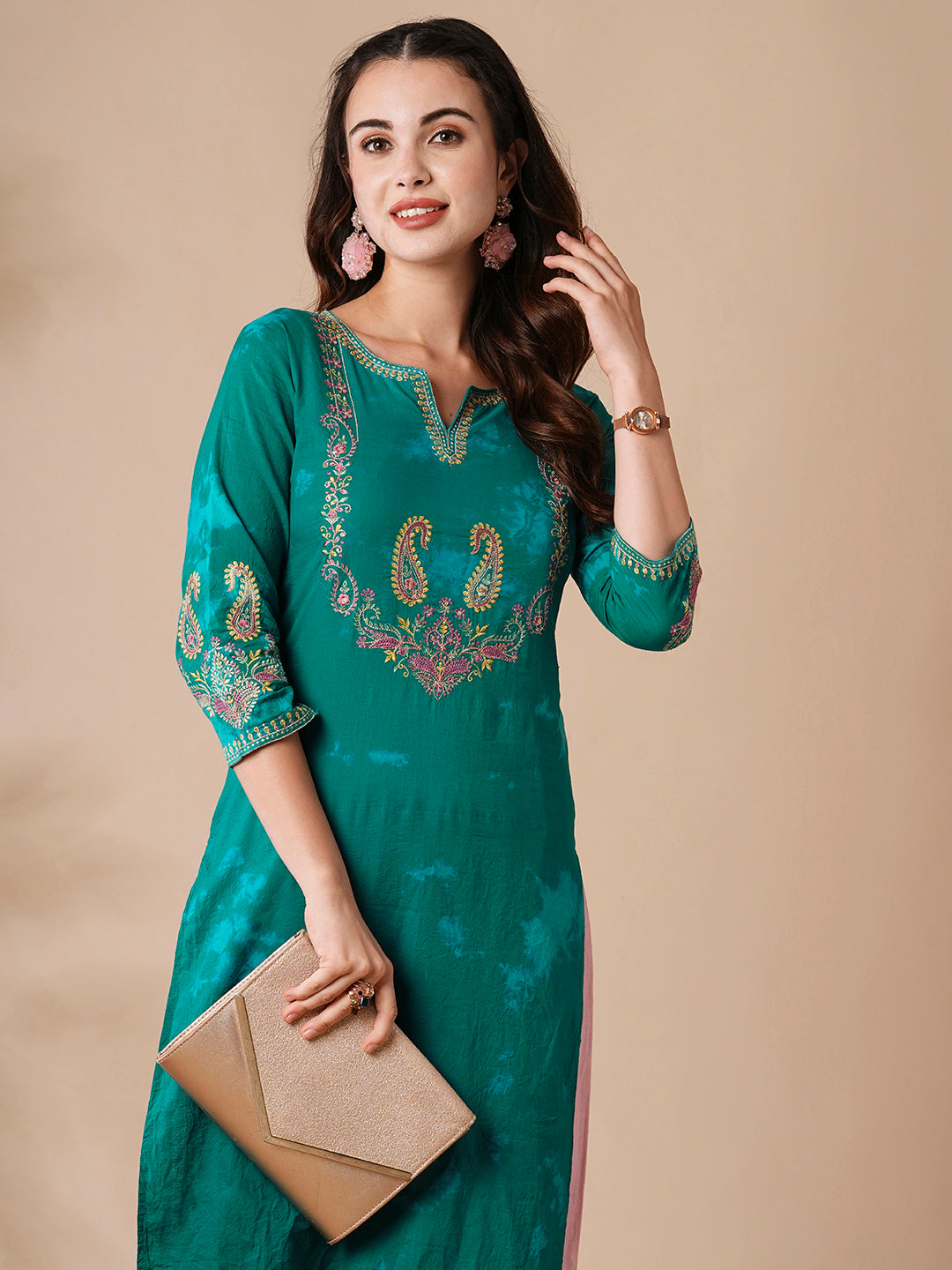 Shibori Printed Resham & Sequins Embroidered Kurta - Green