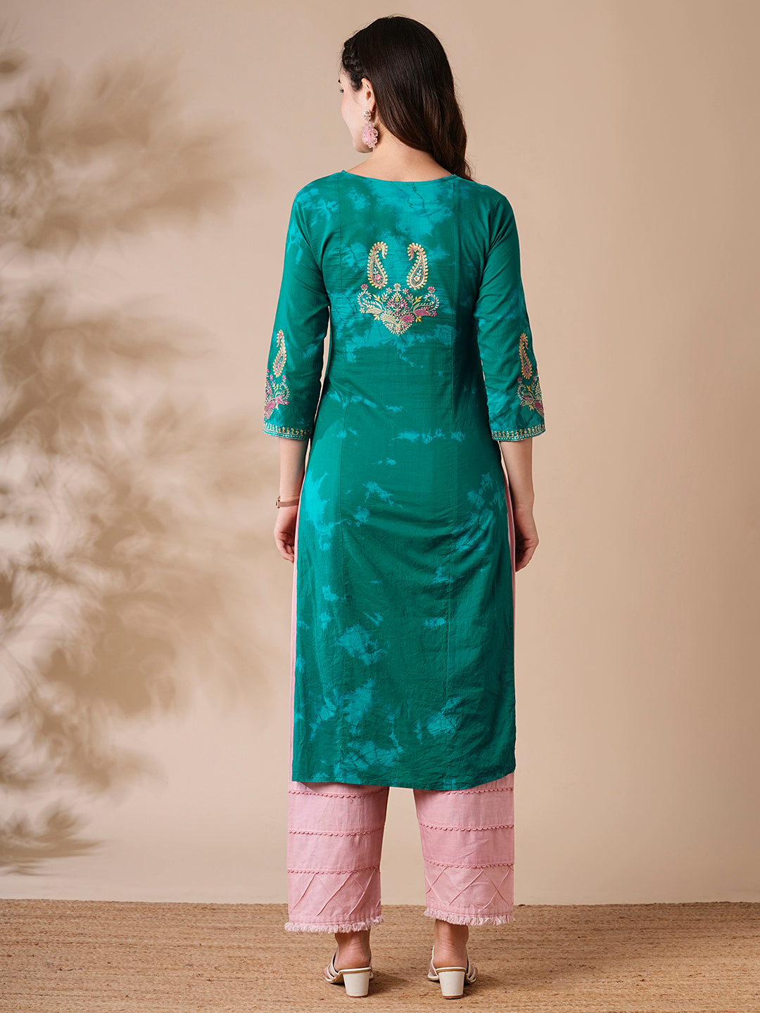 Shibori Printed Resham & Sequins Embroidered Kurta - Green