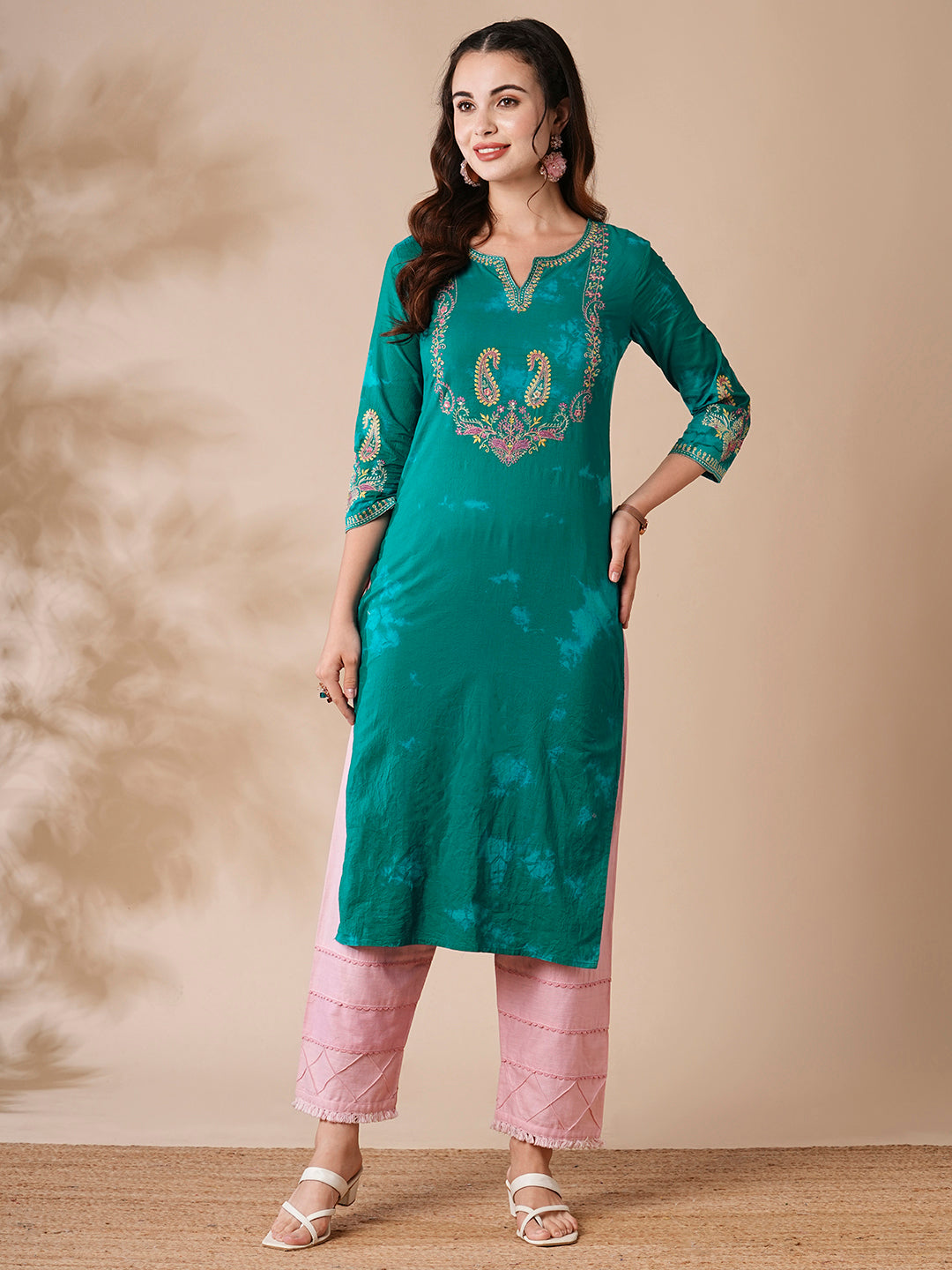 Shibori Printed Resham & Sequins Embroidered Kurta - Green