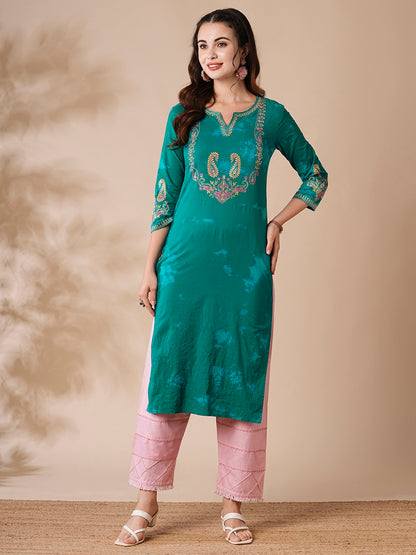 Shibori Printed Resham & Sequins Embroidered Kurta - Green