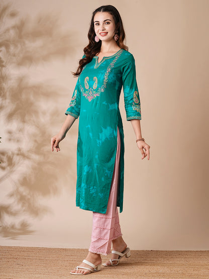 Shibori Printed Resham & Sequins Embroidered Kurta - Green