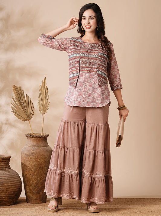 Ethnic Printed Beads Embellished Kurti with Waistcoat & Sharara - Beige