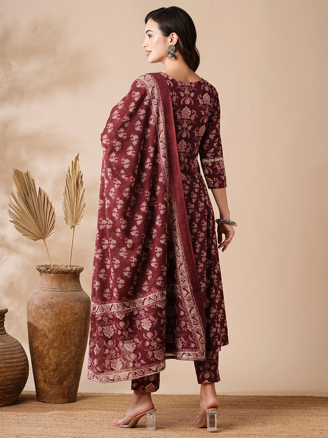 Floral Printed & Embroidered Anarkali with Pant & Pure Cotton Dupatta - Purple