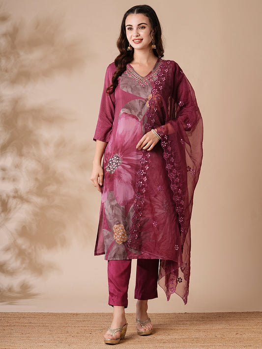 Floral Printed Mirror Embroidered Kurta with Pants & Embroidered Dupatta - Burgundy