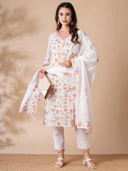 Floral Printed Cutdana & Resham Embroidered Kurta with Pants & Dupatta - White & Pink